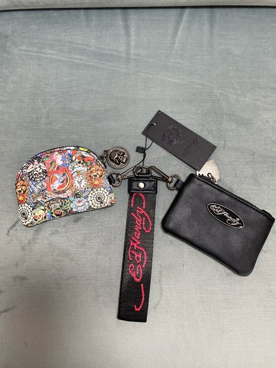 Ed Hardy Handbags - NWT Ed Hardy Black 3 piece Multicolor Tattoo Print Pouch & Wristlet Keychain Set